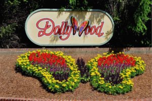 A butterfly flower arrangement at the entrance to Dollywood in Pigeon Forge